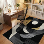 Modern Gold Black Geometric Swirl Rug - Office View