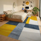 Modern Gold Grey Geometric Blocks Rug - Bedroom View