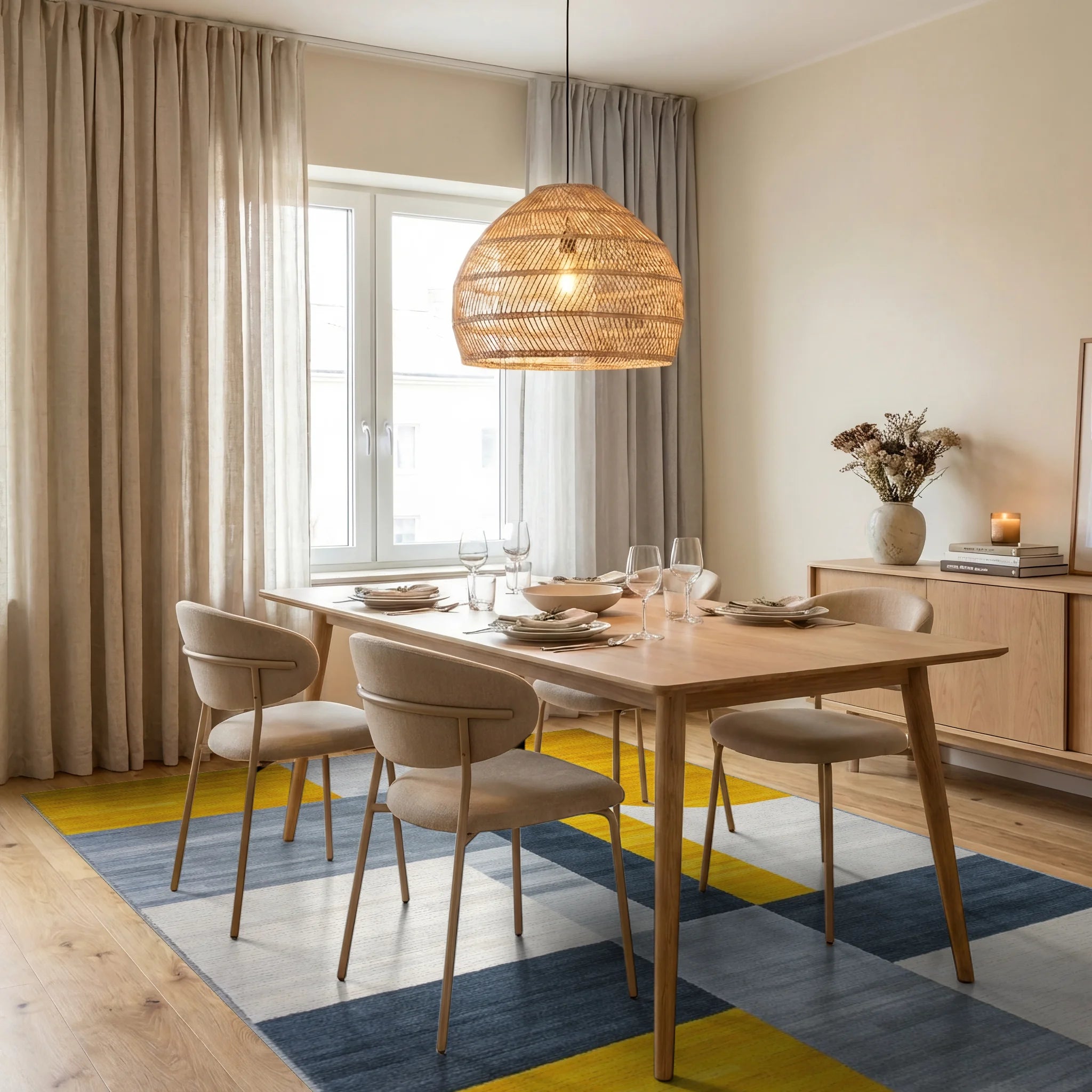 Modern Gold Grey Geometric Blocks Rug - Dining Room View