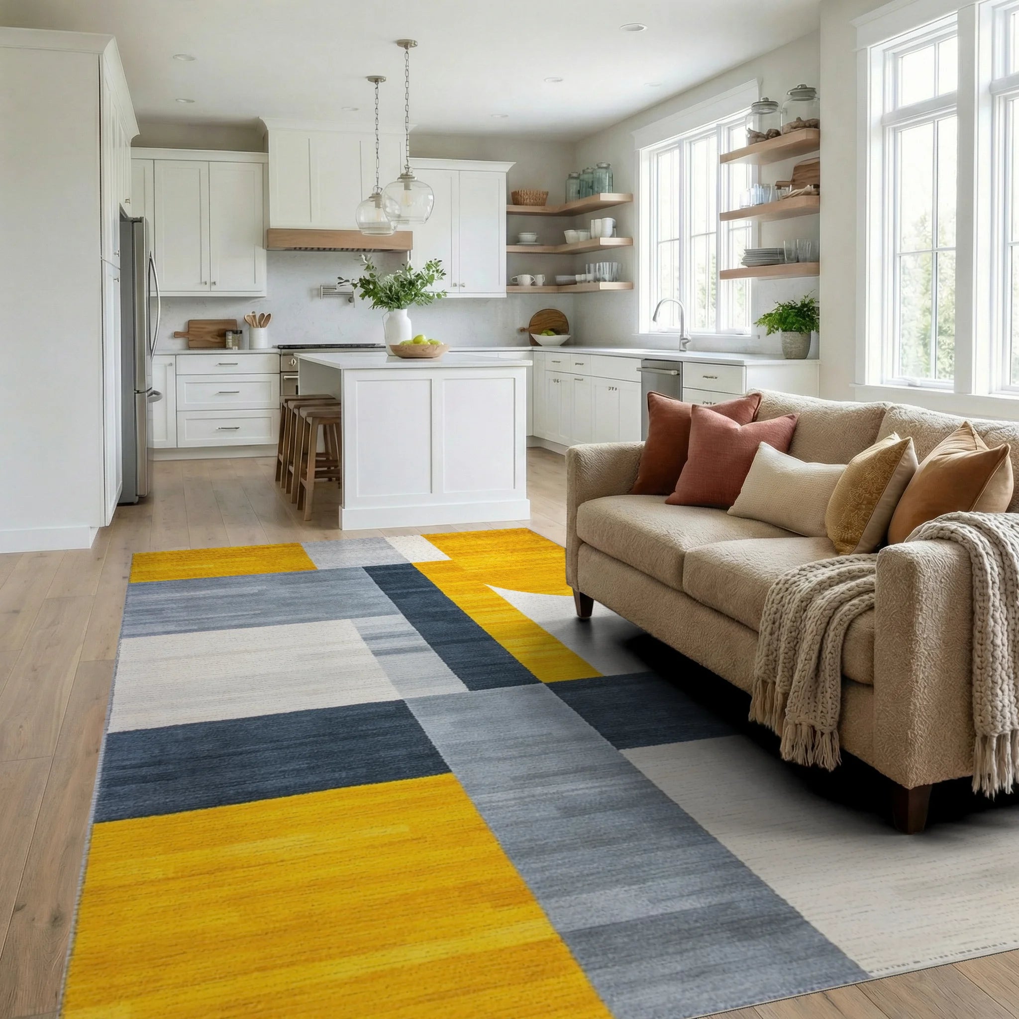 Modern Gold Grey Geometric Blocks Rug - Living Room View