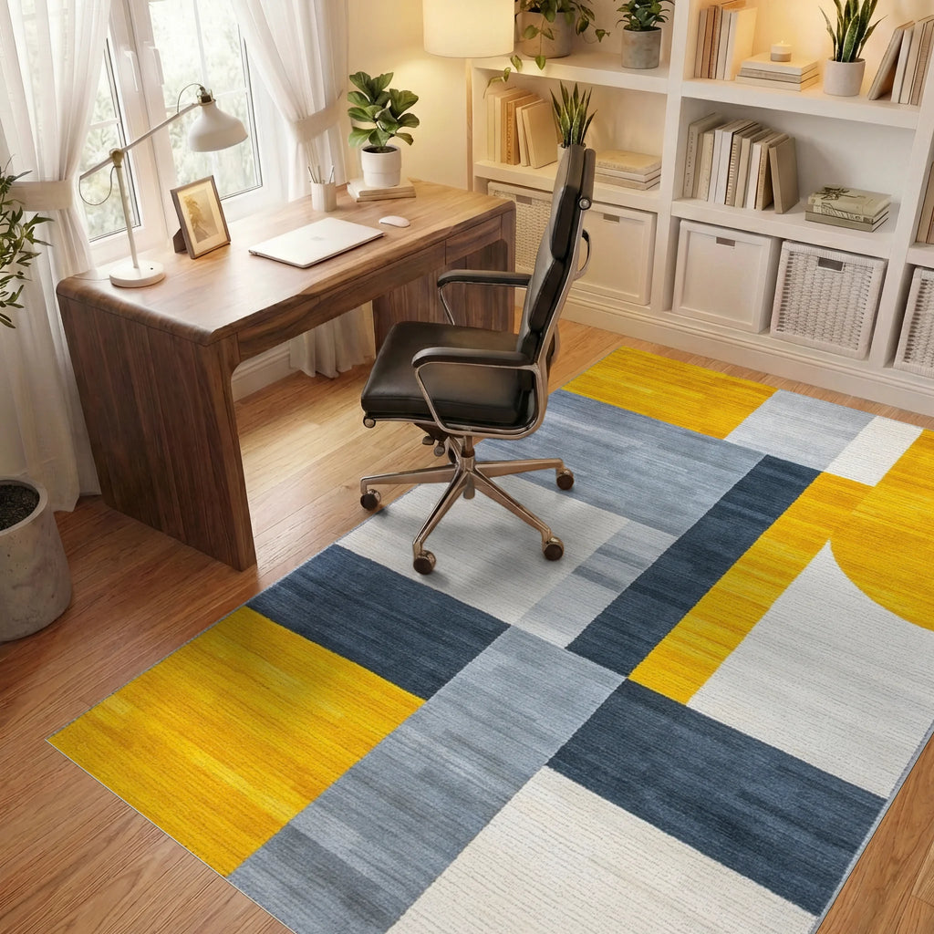 Modern Gold Grey Geometric Blocks Rug - Office View