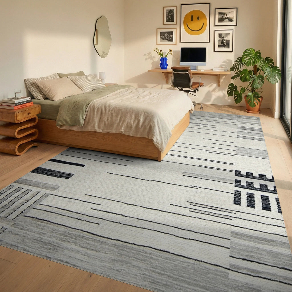 Modern Gray Black Stripe Patchwork Rug - Bedroom View