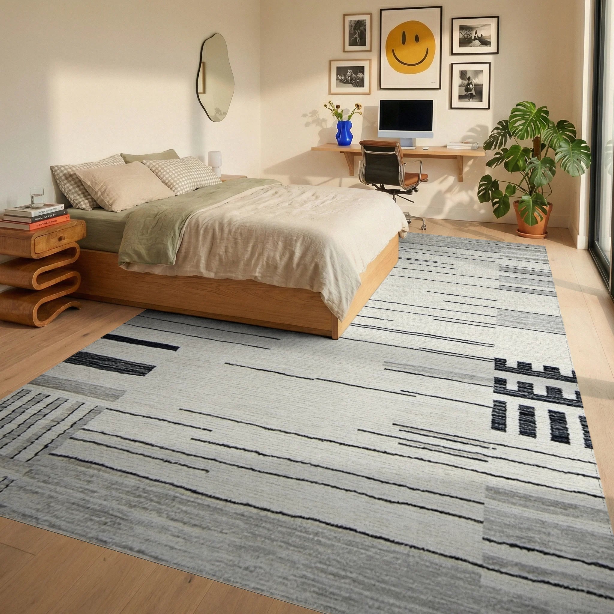 Modern Gray Black Stripe Patchwork Rug - Bedroom View