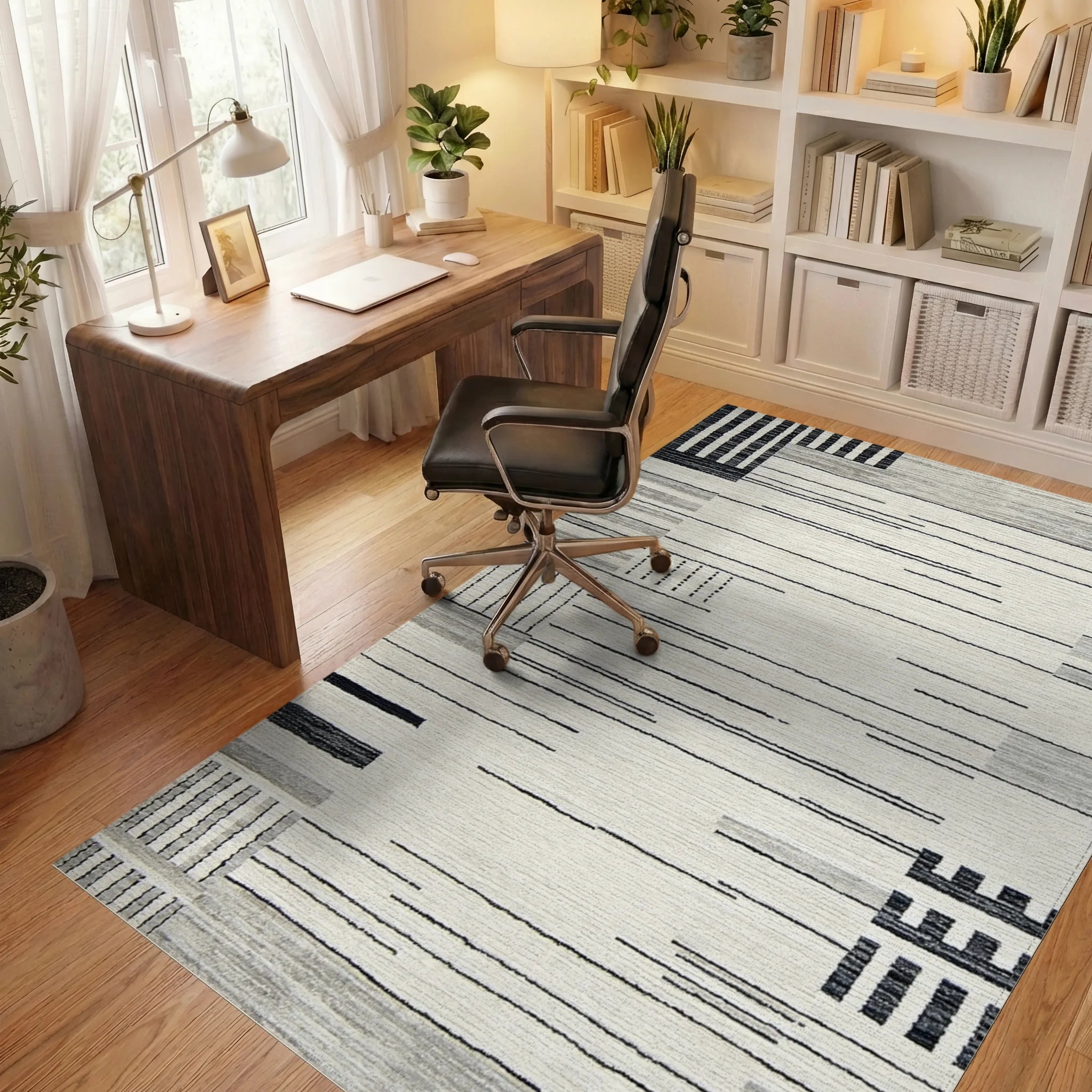 Modern Gray Black Stripe Patchwork Rug - Office View
