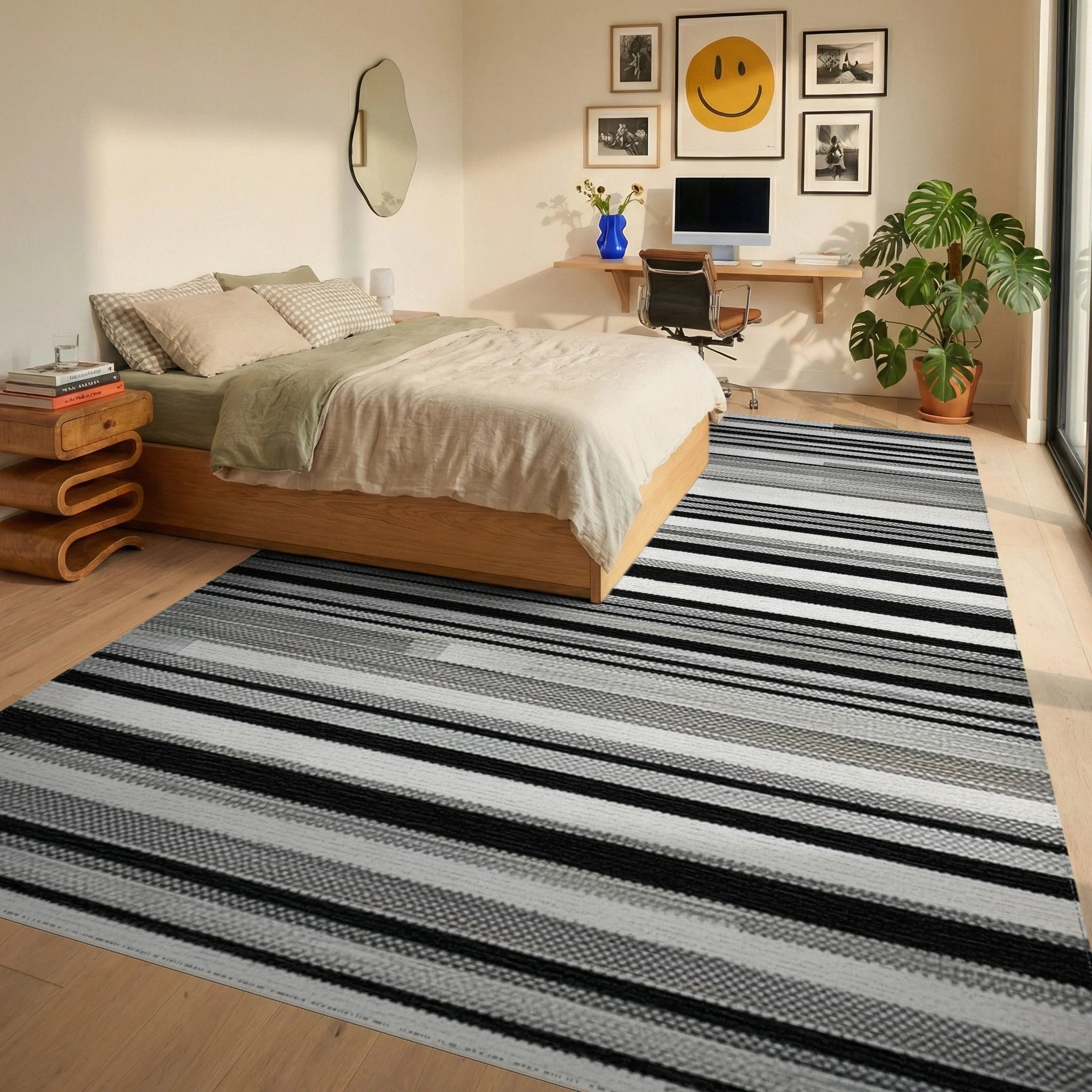 Modern Gray Black White Striped Rug Bedroom View