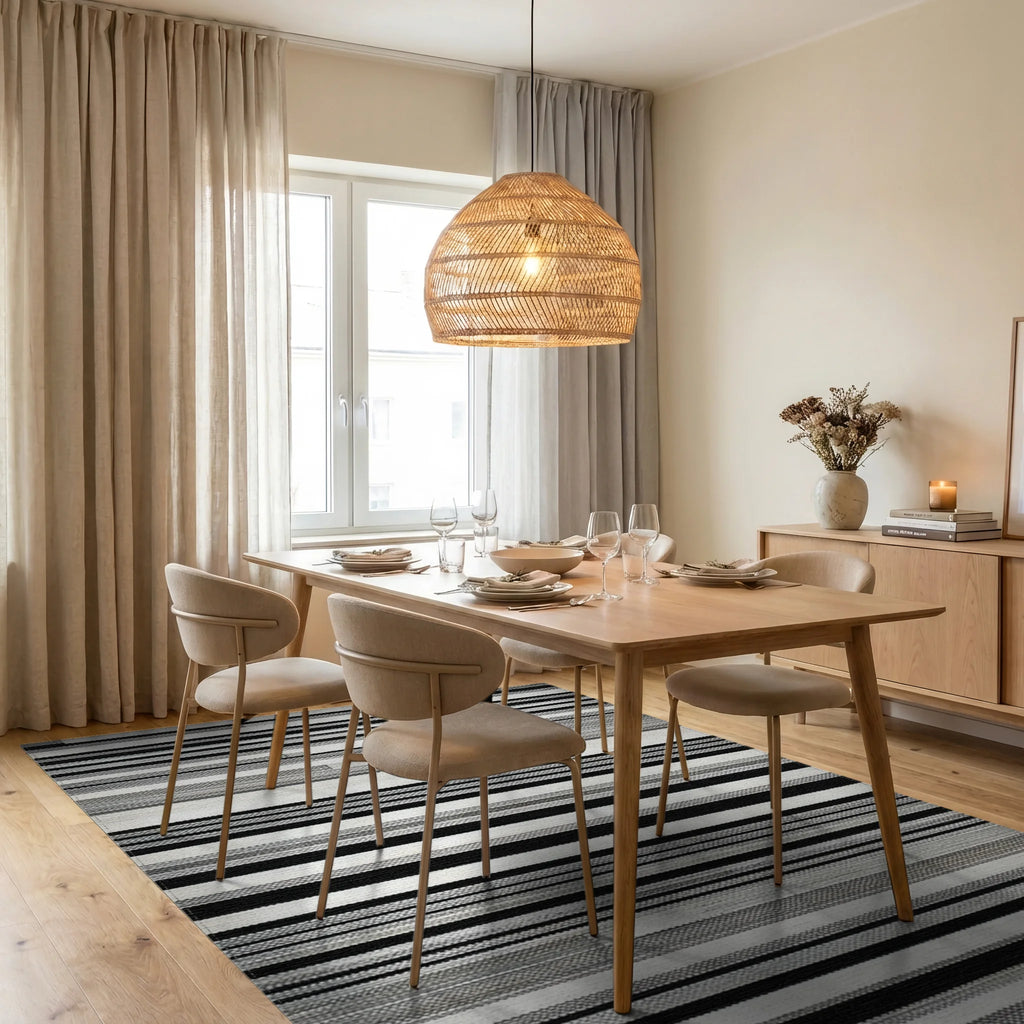 Modern Gray Black White Striped Rug Dining Room View