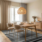 Modern Gray Black White Striped Rug Dining Room View