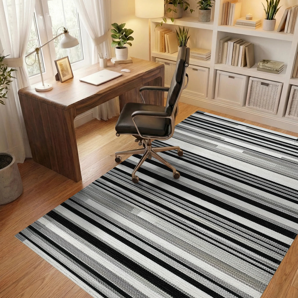 Modern Gray Black White Striped Rug Office View