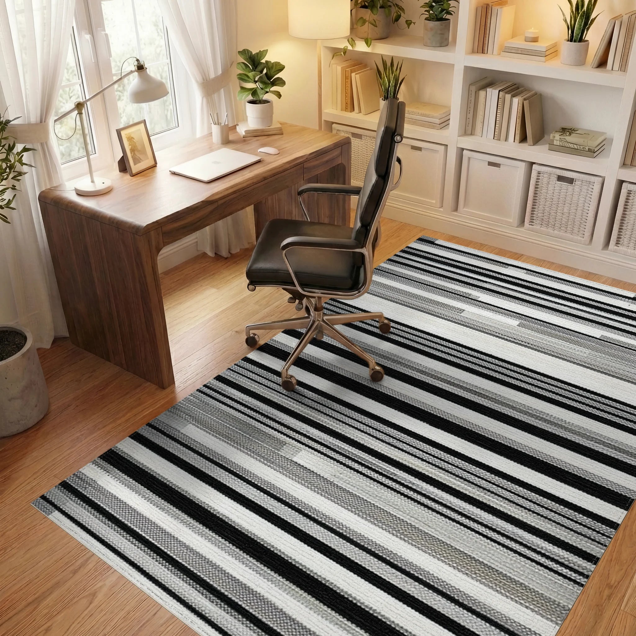 Modern Gray Black White Striped Rug Office View