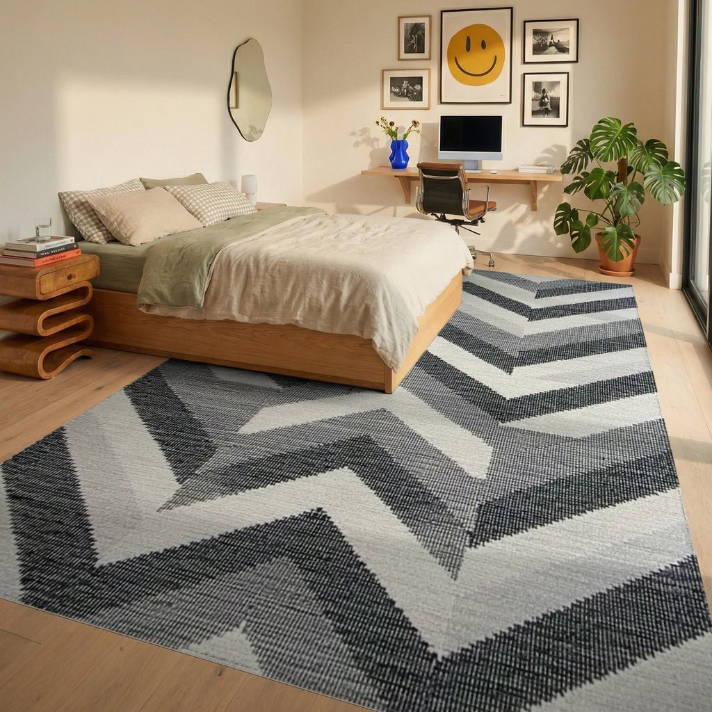 Modern Gray Chevron Horizontal Stripes Rug - Bedroom View