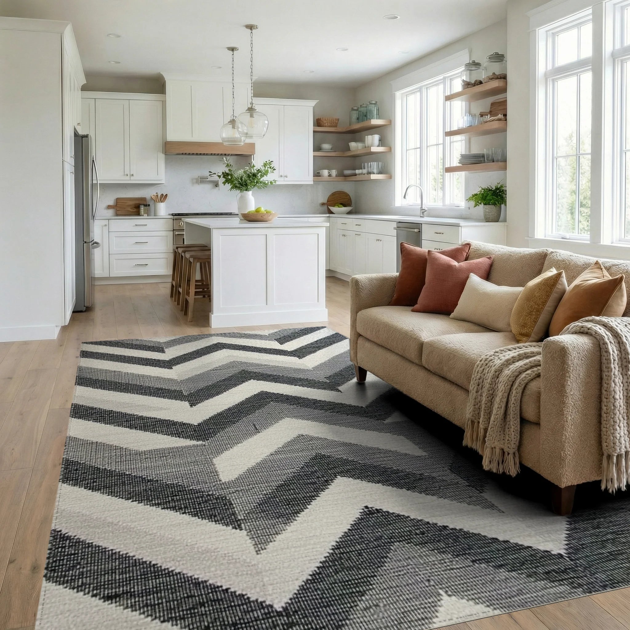 Modern Gray Chevron Horizontal Stripes Rug - Living Room View