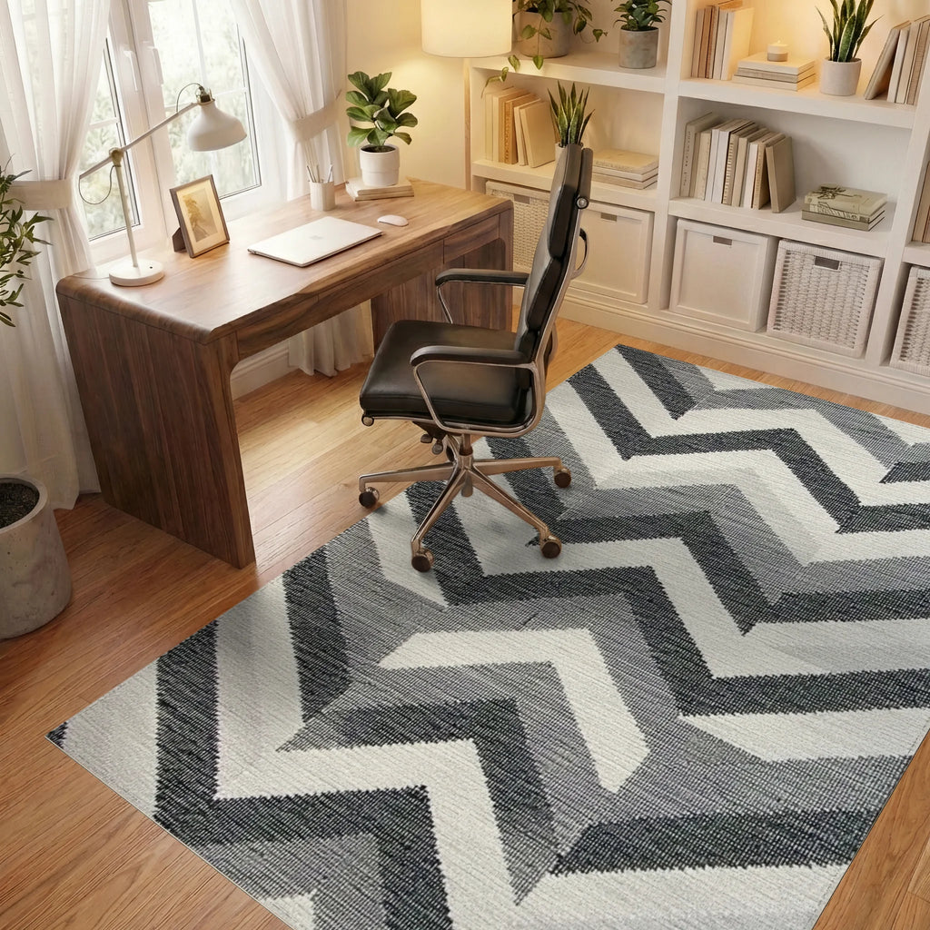 Modern Gray Chevron Horizontal Stripes Rug - Office View