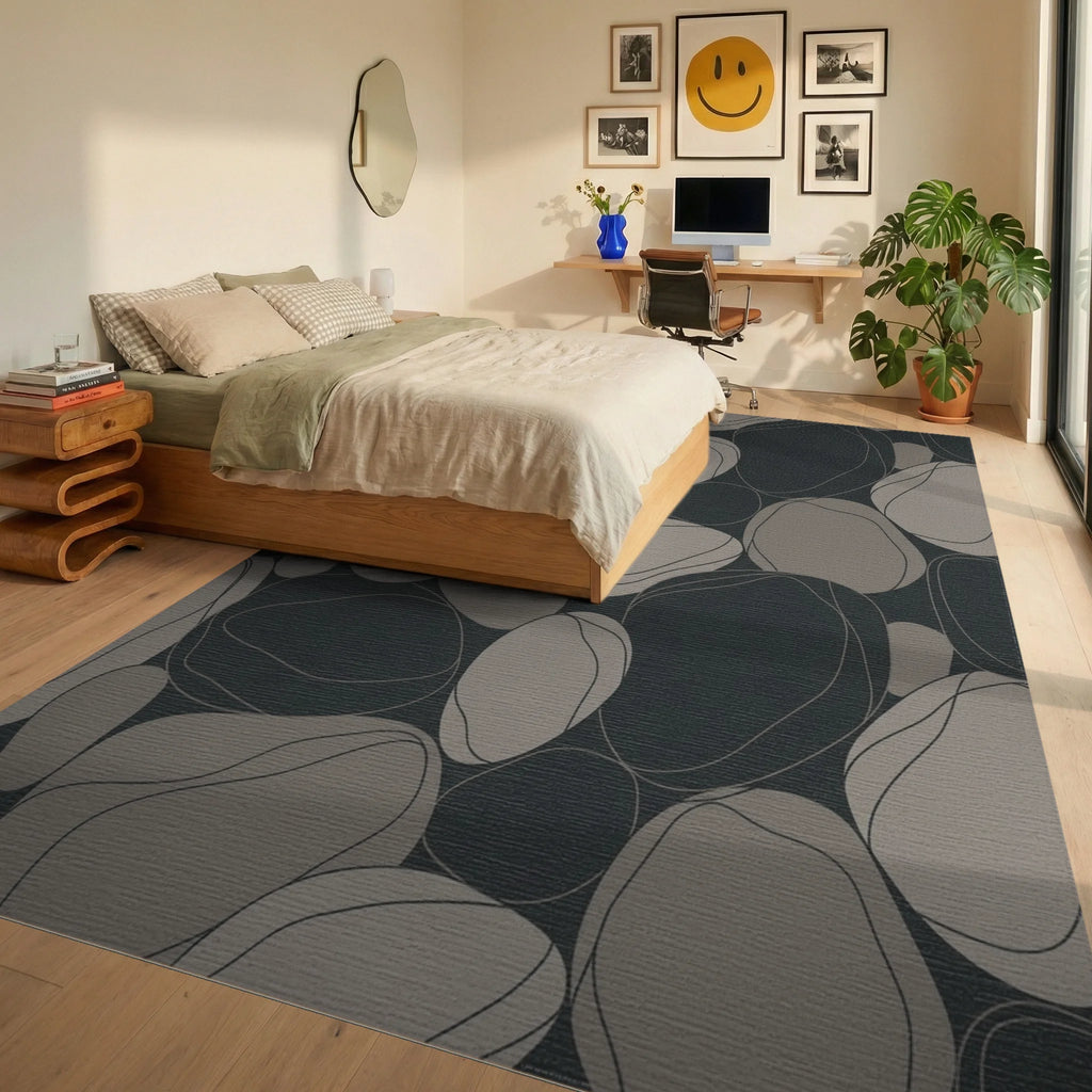 Modern Gray River Stone Arrangement Rug Bedroom View