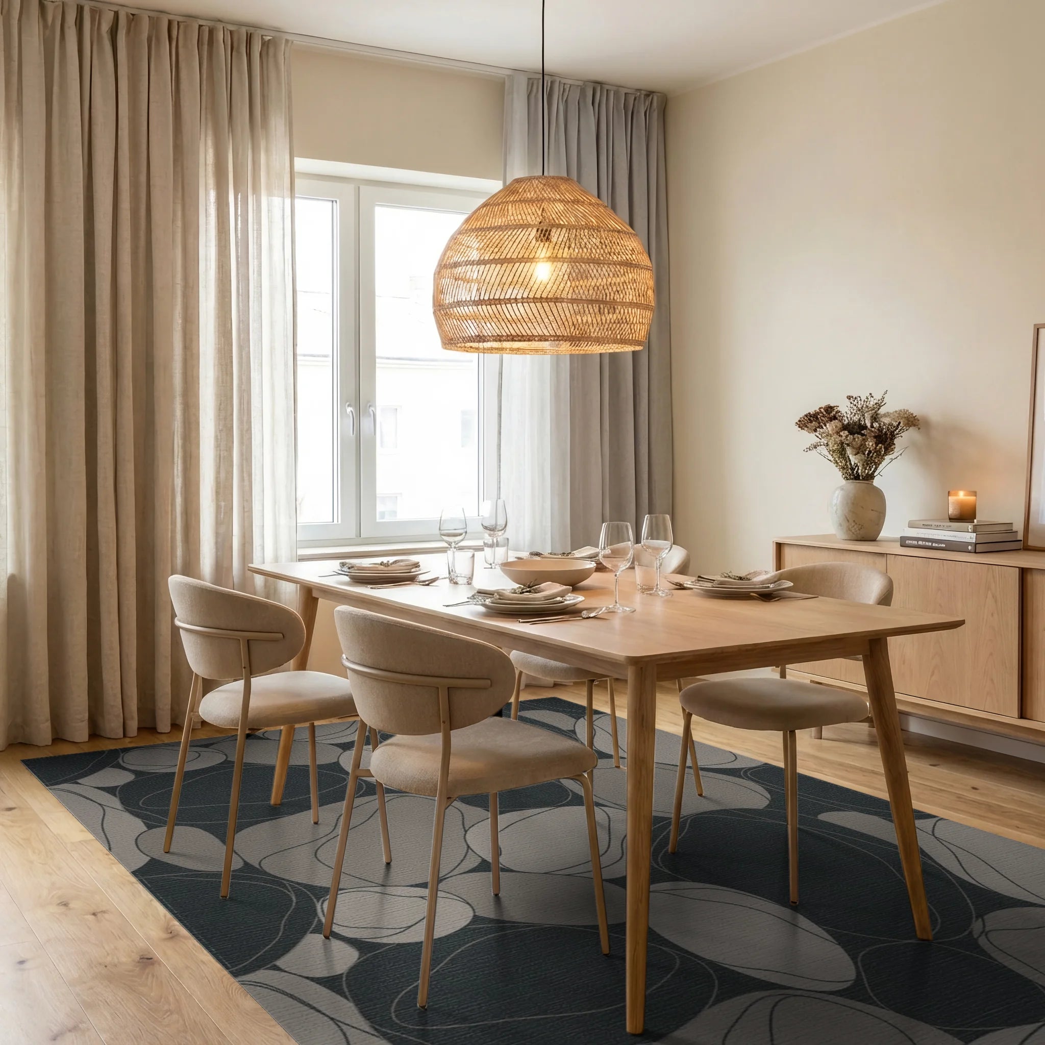 Modern Gray River Stone Arrangement Rug Dining Room View