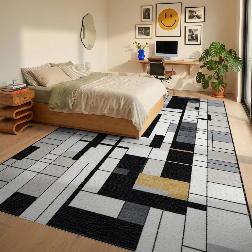 Modern Monochromatic Geometric Gold Block Accent Rug Bedroom View
