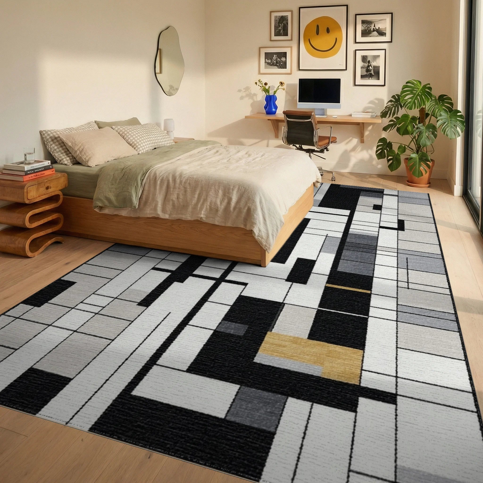 Modern Monochromatic Geometric Gold Block Accent Rug Bedroom View
