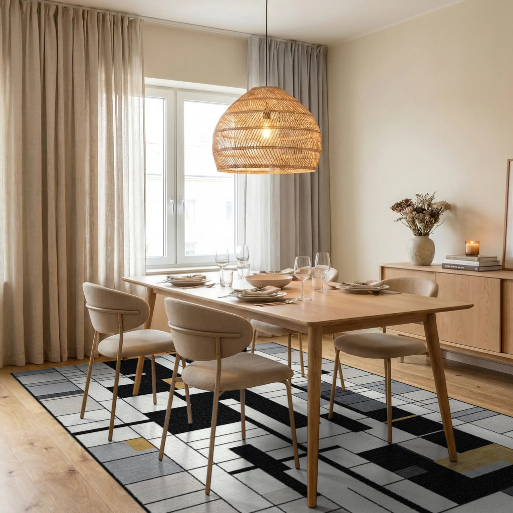 Modern Monochromatic Geometric Gold Block Accent Rug Dining Room View
