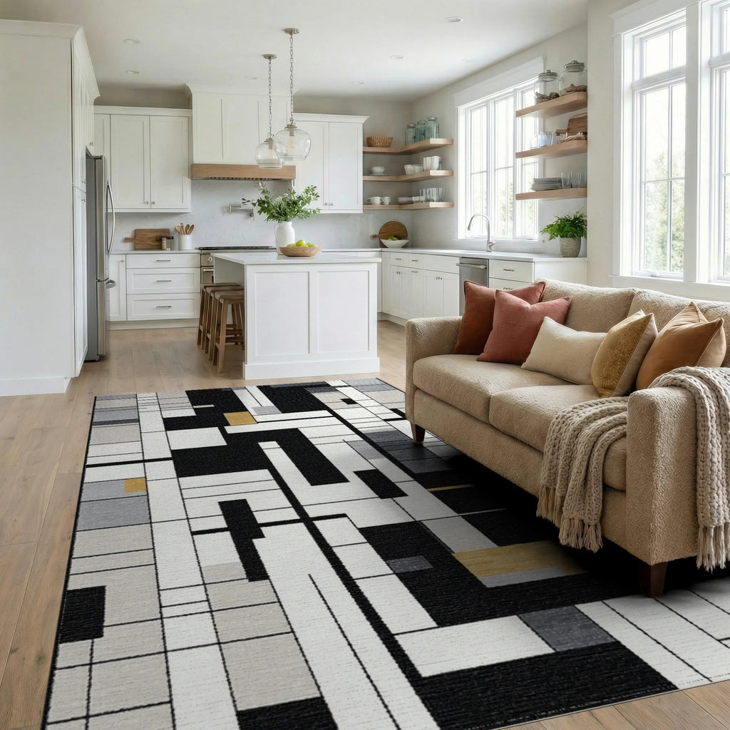 Modern Monochromatic Geometric Gold Block Accent Rug Living Room View