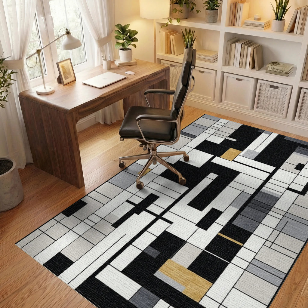 Modern Monochromatic Geometric Gold Block Accent Rug Office View