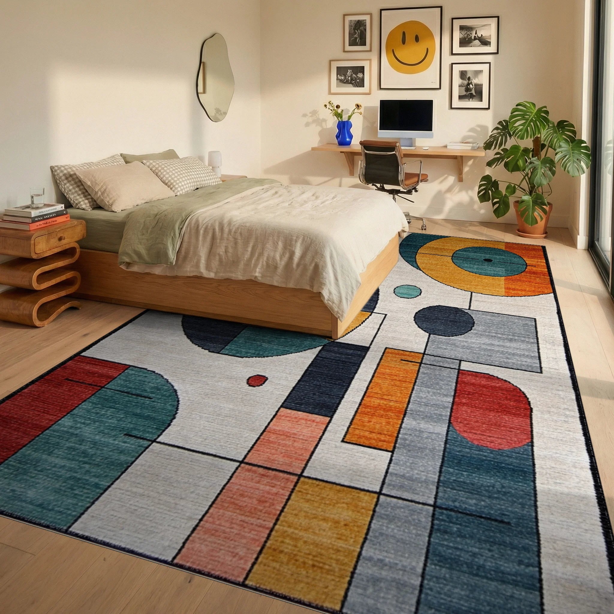 Modern Multicolor Abstract Geometric Circle Art Rug Bedroom View