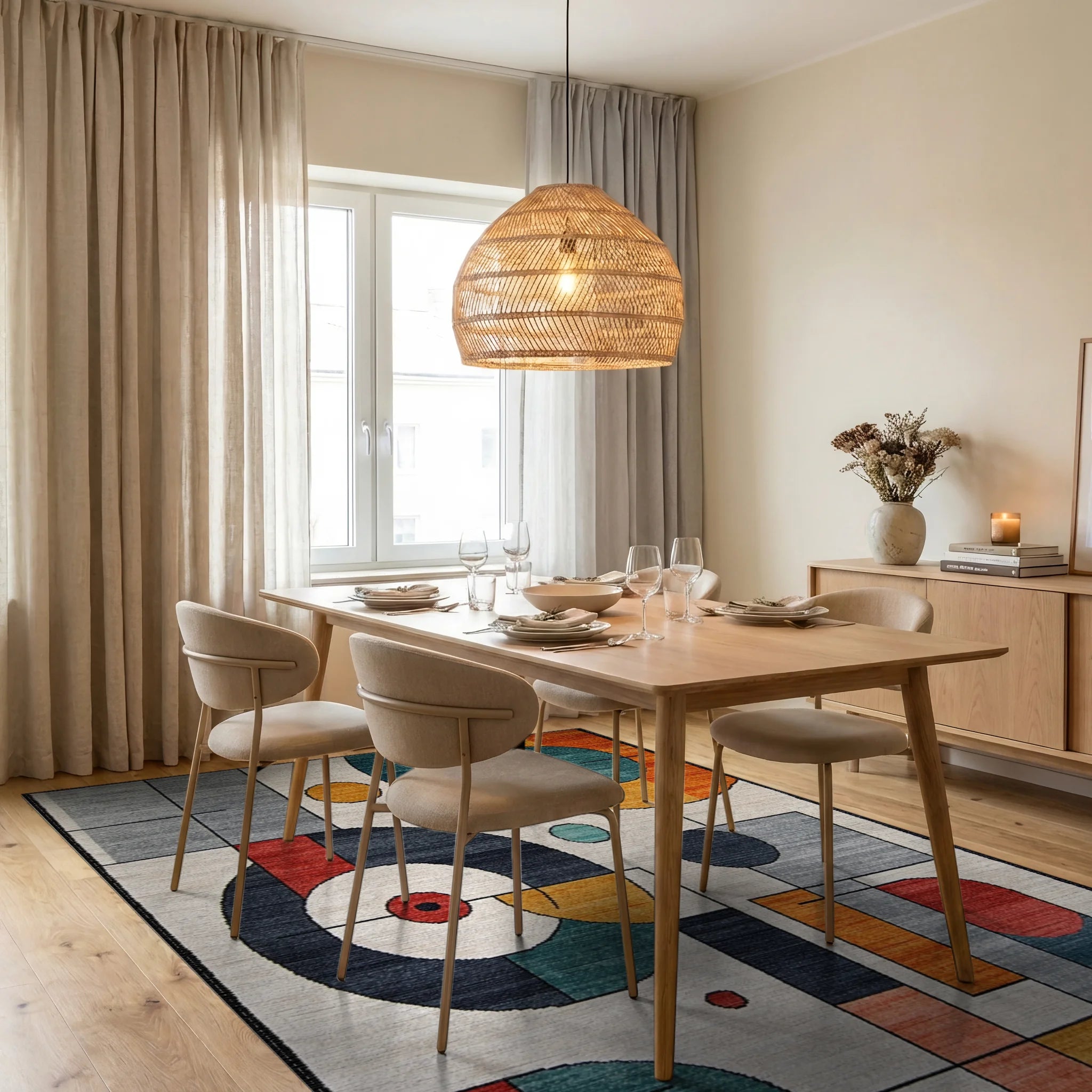 Modern Multicolor Abstract Geometric Circle Art Rug Dining Room View