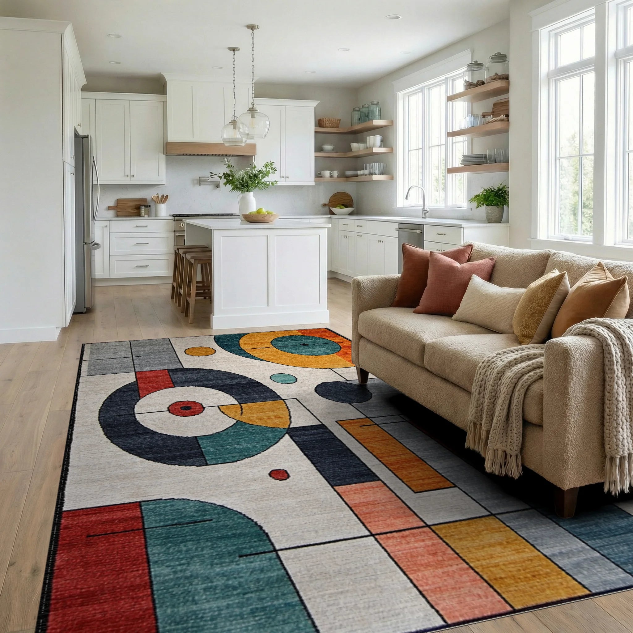 Modern Multicolor Abstract Geometric Circle Art Rug Living Room View