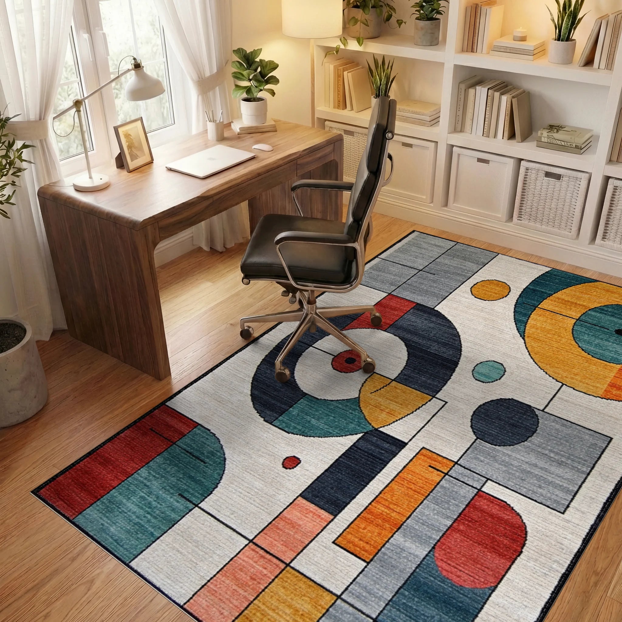 Modern Multicolor Abstract Geometric Circle Art Rug Office View