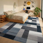Modern Navy and Gray Geometric Block Rug Bedroom View