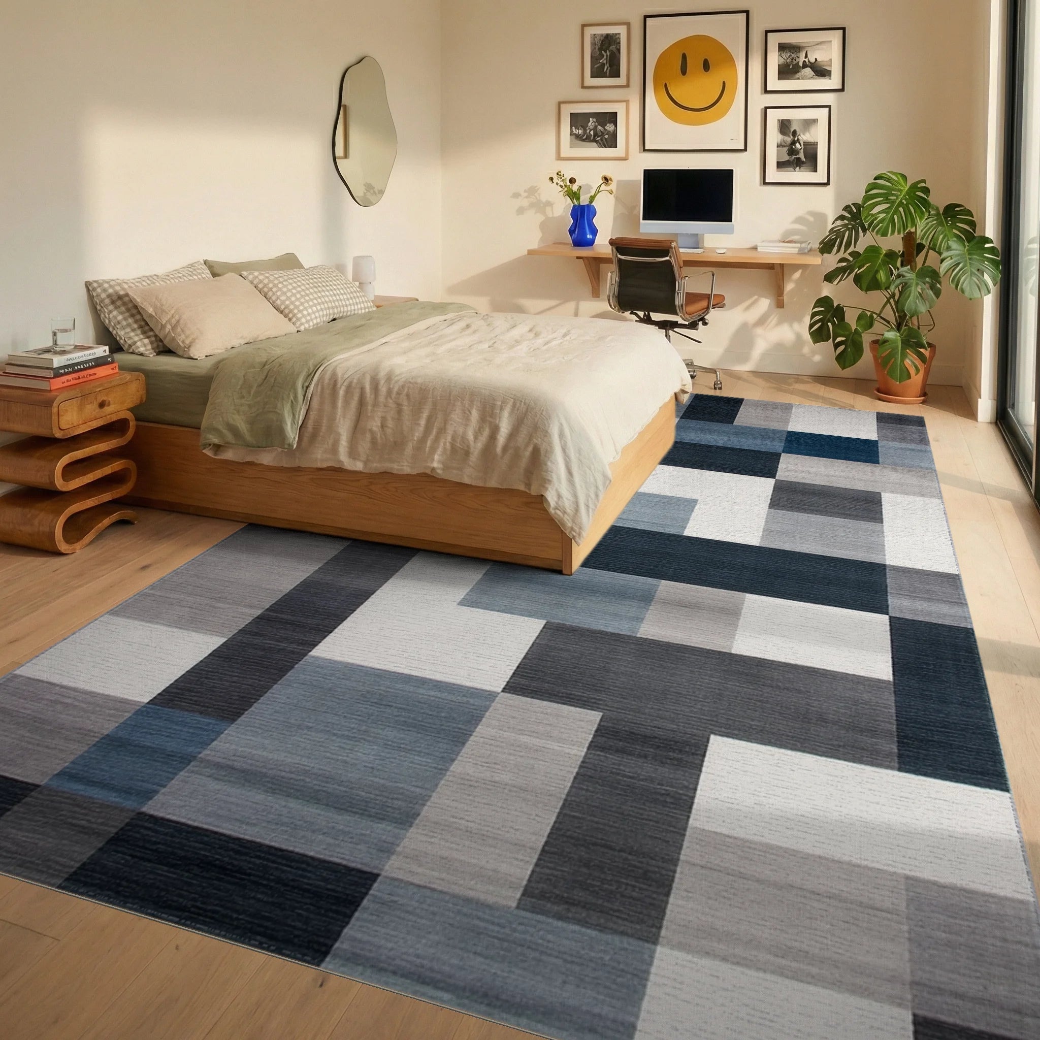 Modern Navy and Gray Geometric Block Rug Bedroom View