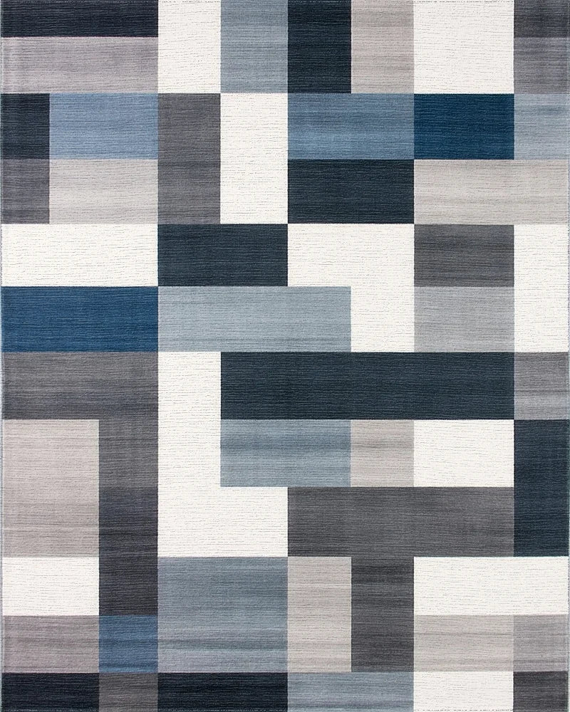 Modern Navy and Gray Geometric Block Rug - Cutout View