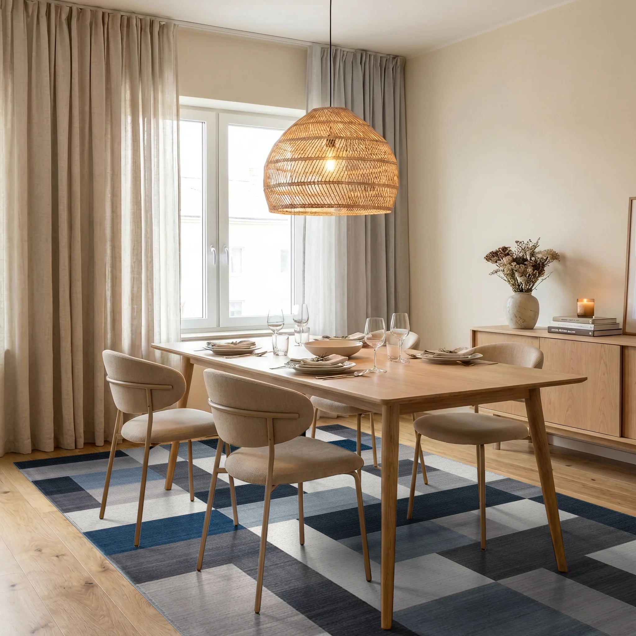 Modern Navy and Gray Geometric Block Rug Dining Room View
