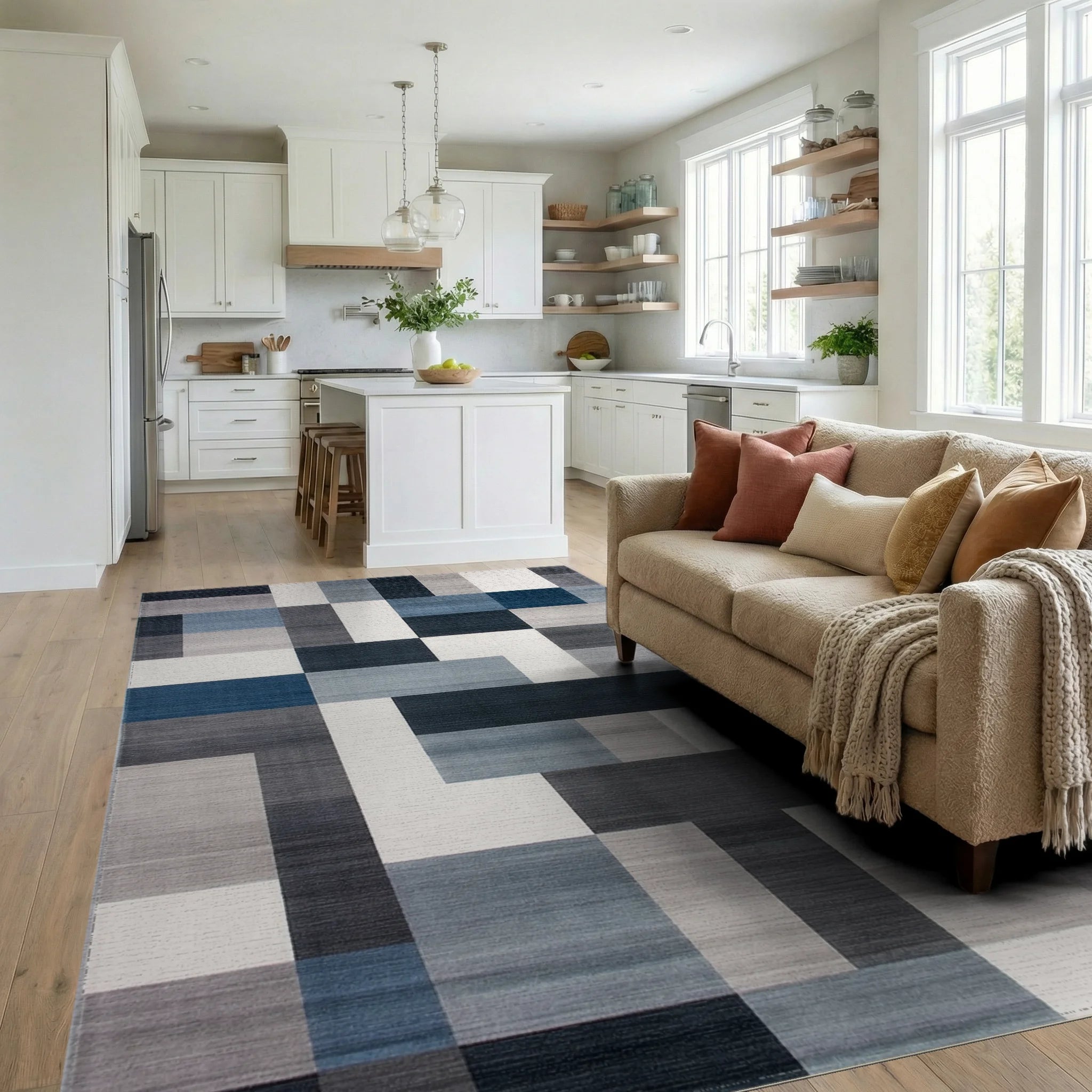 Modern Navy and Gray Geometric Block Rug Living Room View