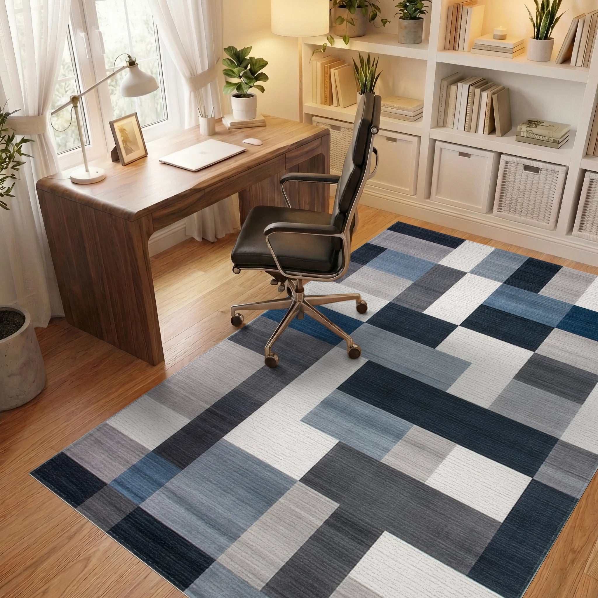 Modern Navy and Gray Geometric Block Rug Office View