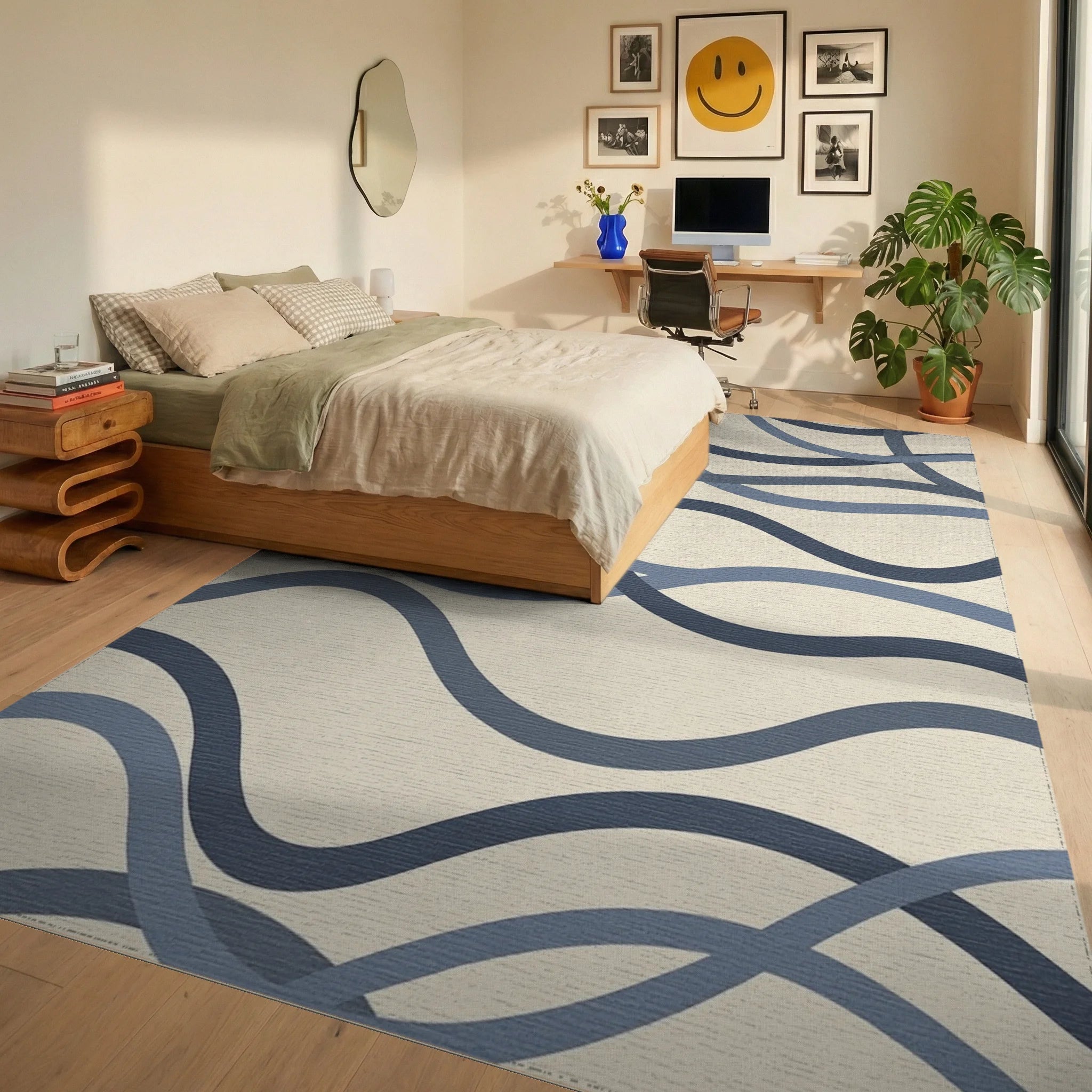 Modern Navy and Slate Abstract Wavy Lines Rug Bedroom View