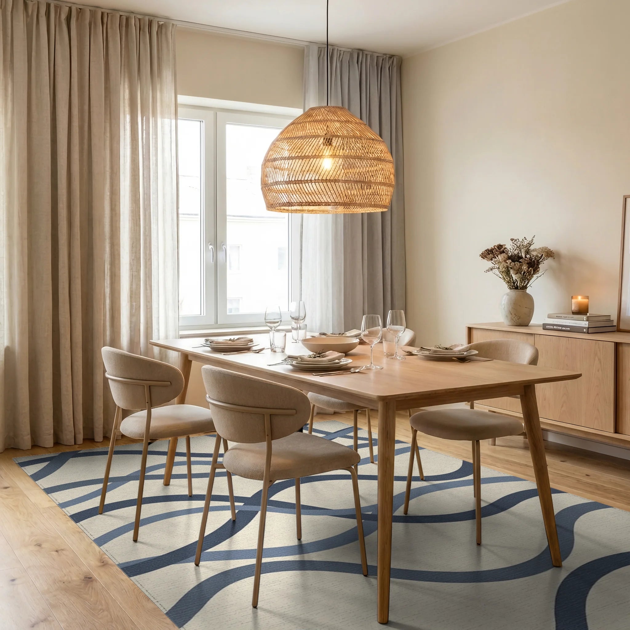 Modern Navy and Slate Abstract Wavy Lines Rug Dining Room View