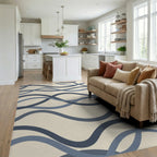 Modern Navy and Slate Abstract Wavy Lines Rug Living Room View