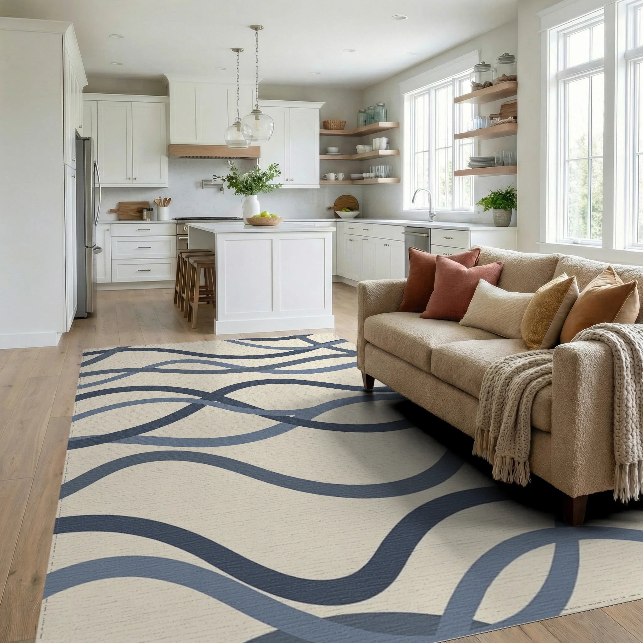 Modern Navy and Slate Abstract Wavy Lines Rug Living Room View