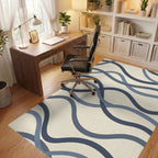 Modern Navy and Slate Abstract Wavy Lines Rug Office View