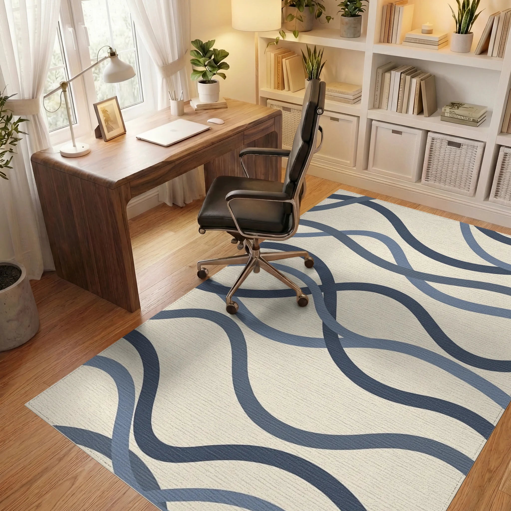 Modern Navy and Slate Abstract Wavy Lines Rug Office View