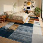 Modern Navy Orange Gray Block Rug - Bedroom View