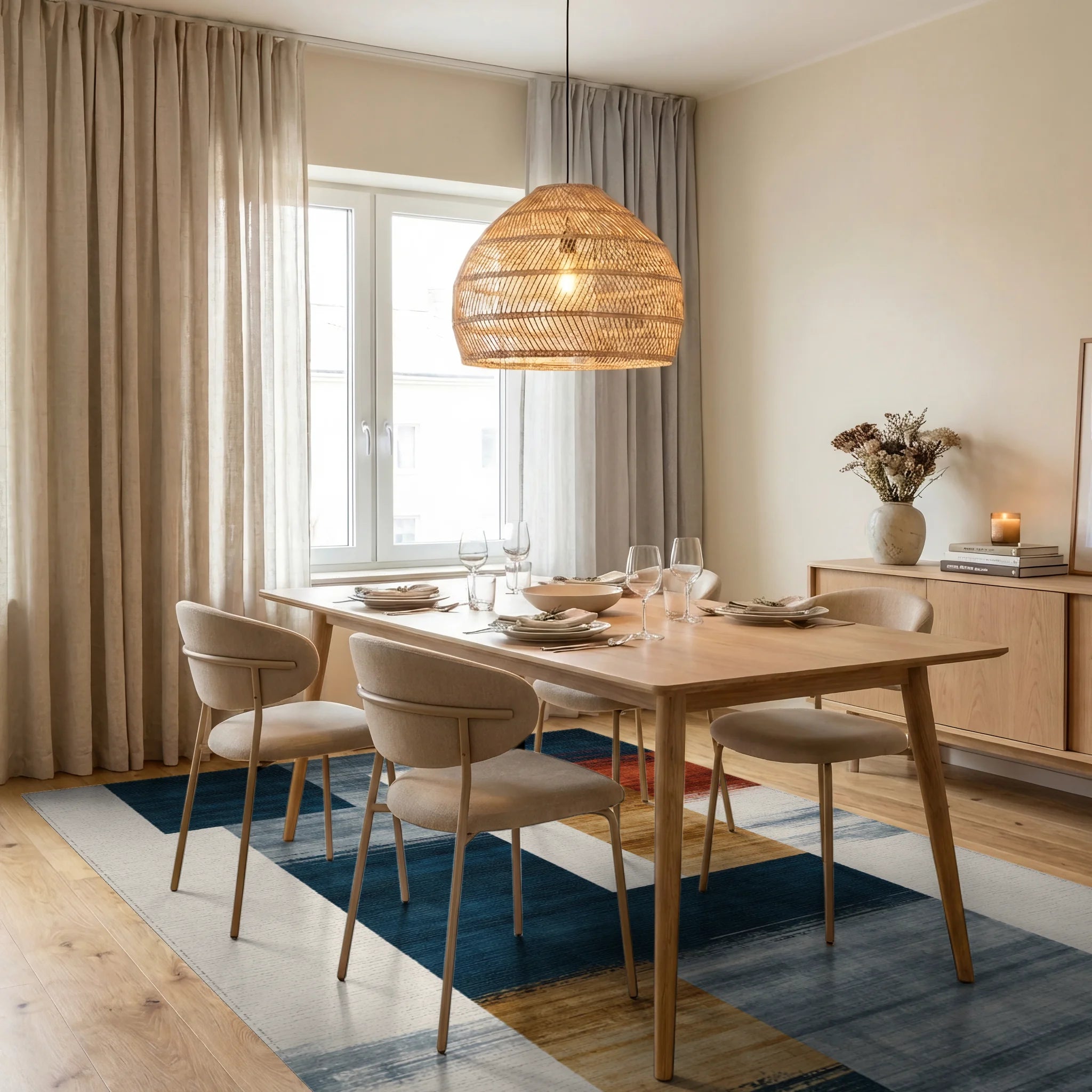 Modern Navy Orange Gray Block Rug - Dining Room View