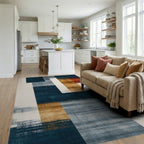 Modern Navy Orange Gray Block Rug - Living Room View
