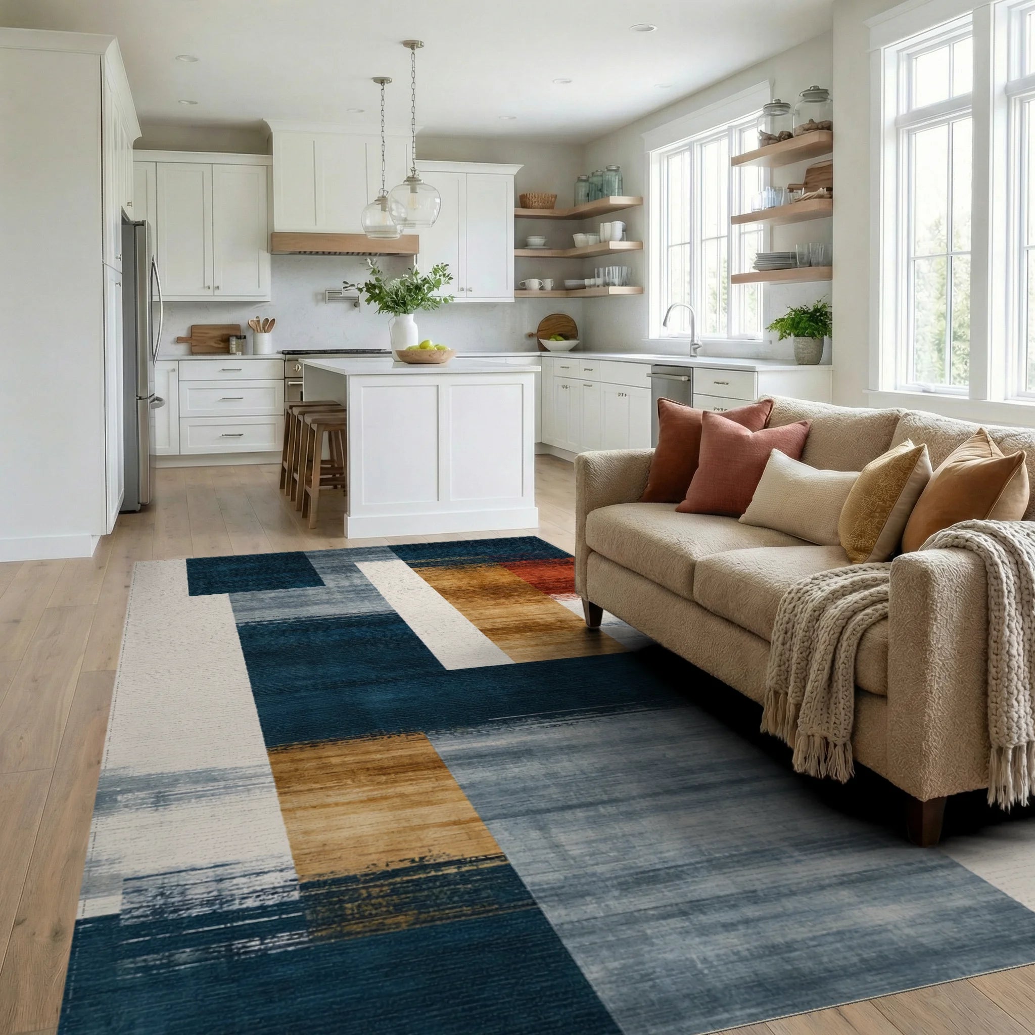 Modern Navy Orange Gray Block Rug - Living Room View