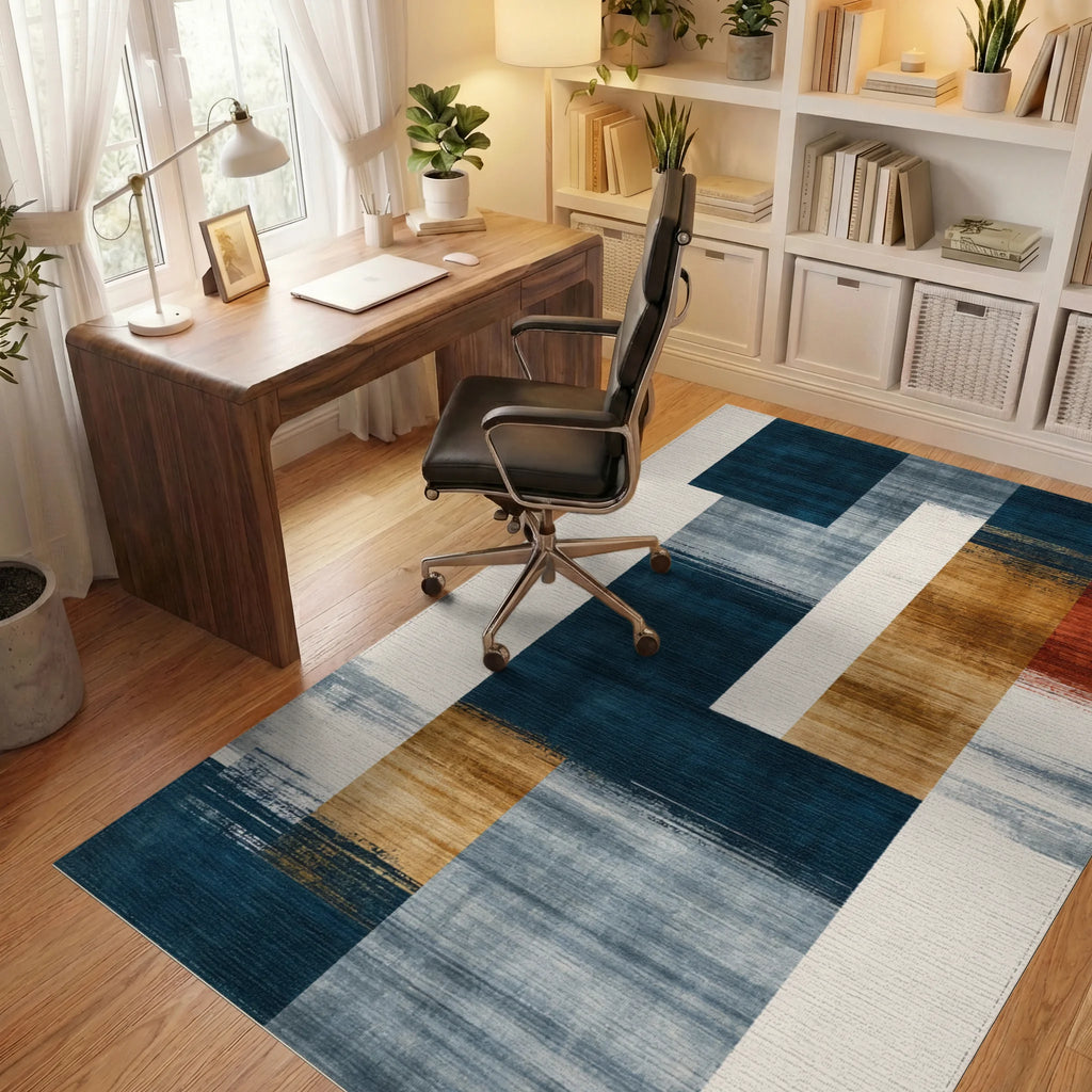 Modern Navy Orange Gray Block Rug - Office View