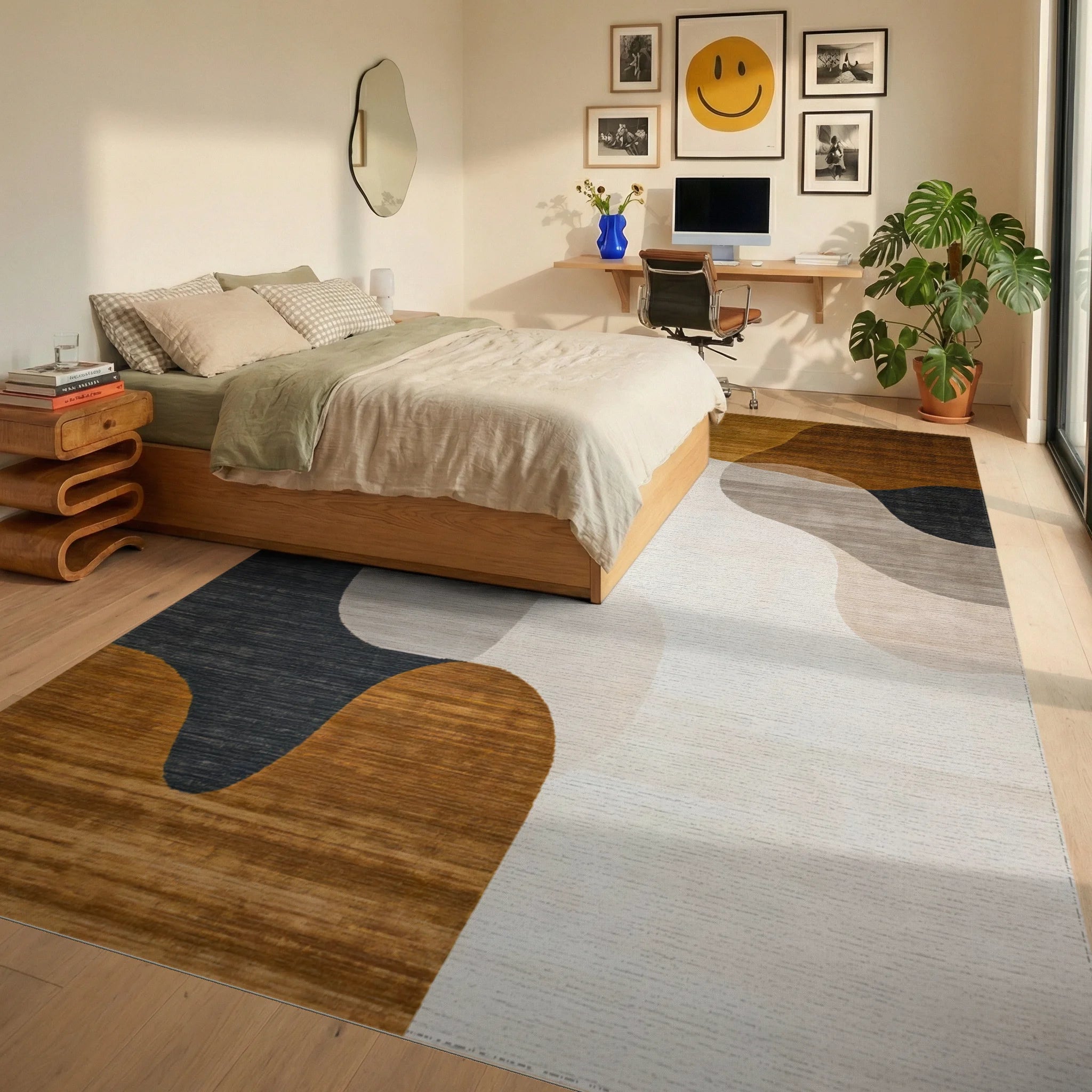Modern Neutral Fluid Waves Rug - Bedroom View