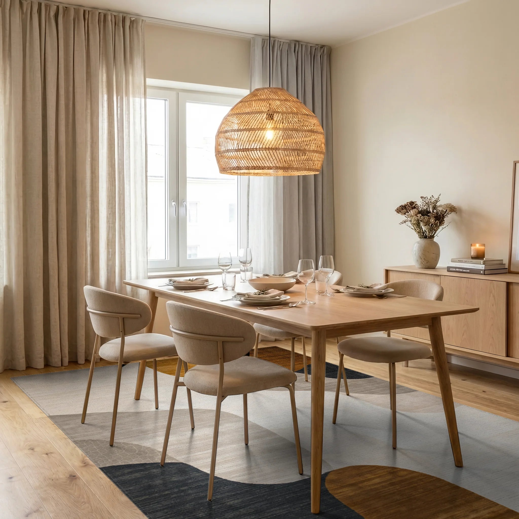 Modern Neutral Fluid Waves Rug - Dining Room View