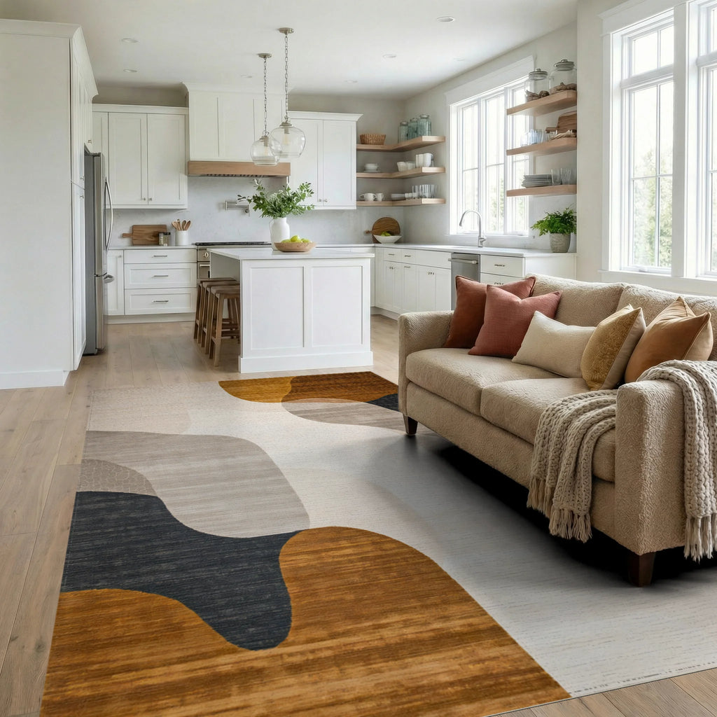 Modern Neutral Fluid Waves Rug - Living Room View
