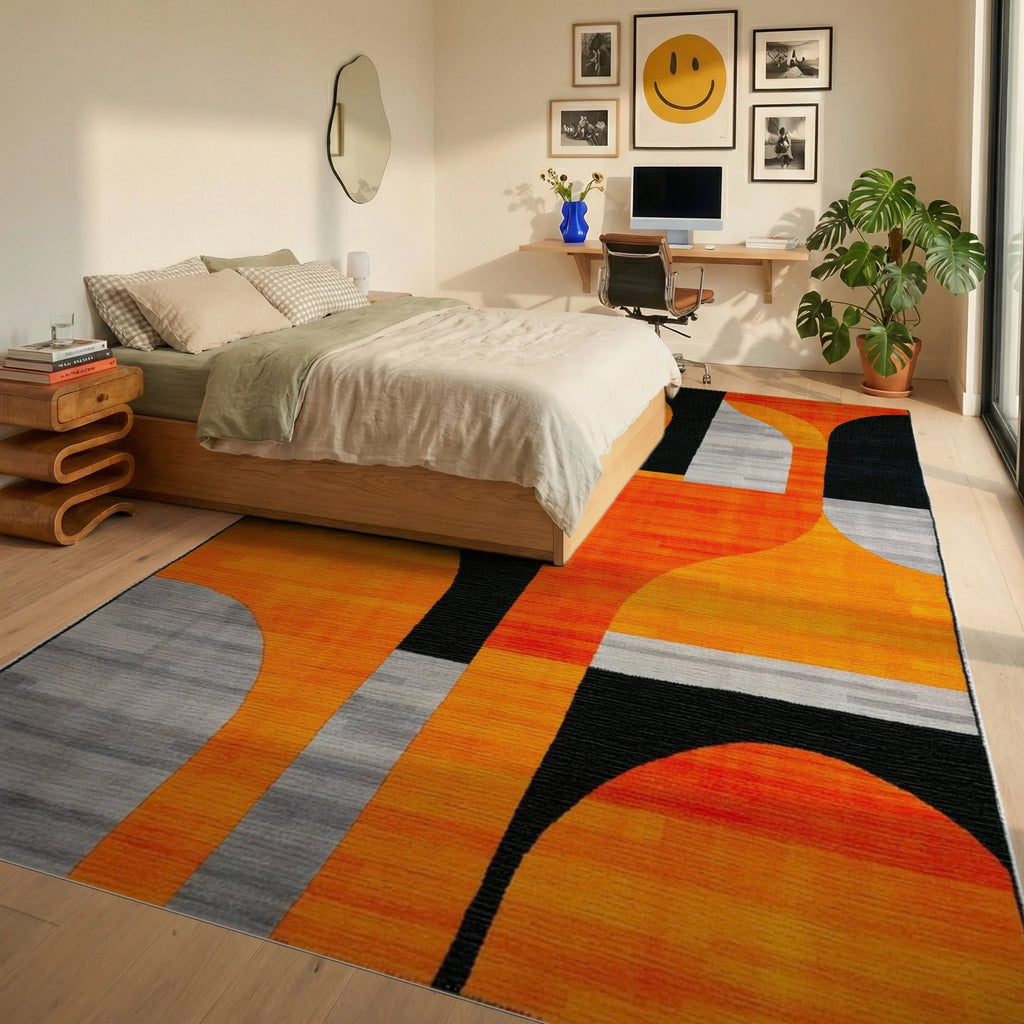 Modern Orange Black Geometric Abstract Rug - Bedroom View