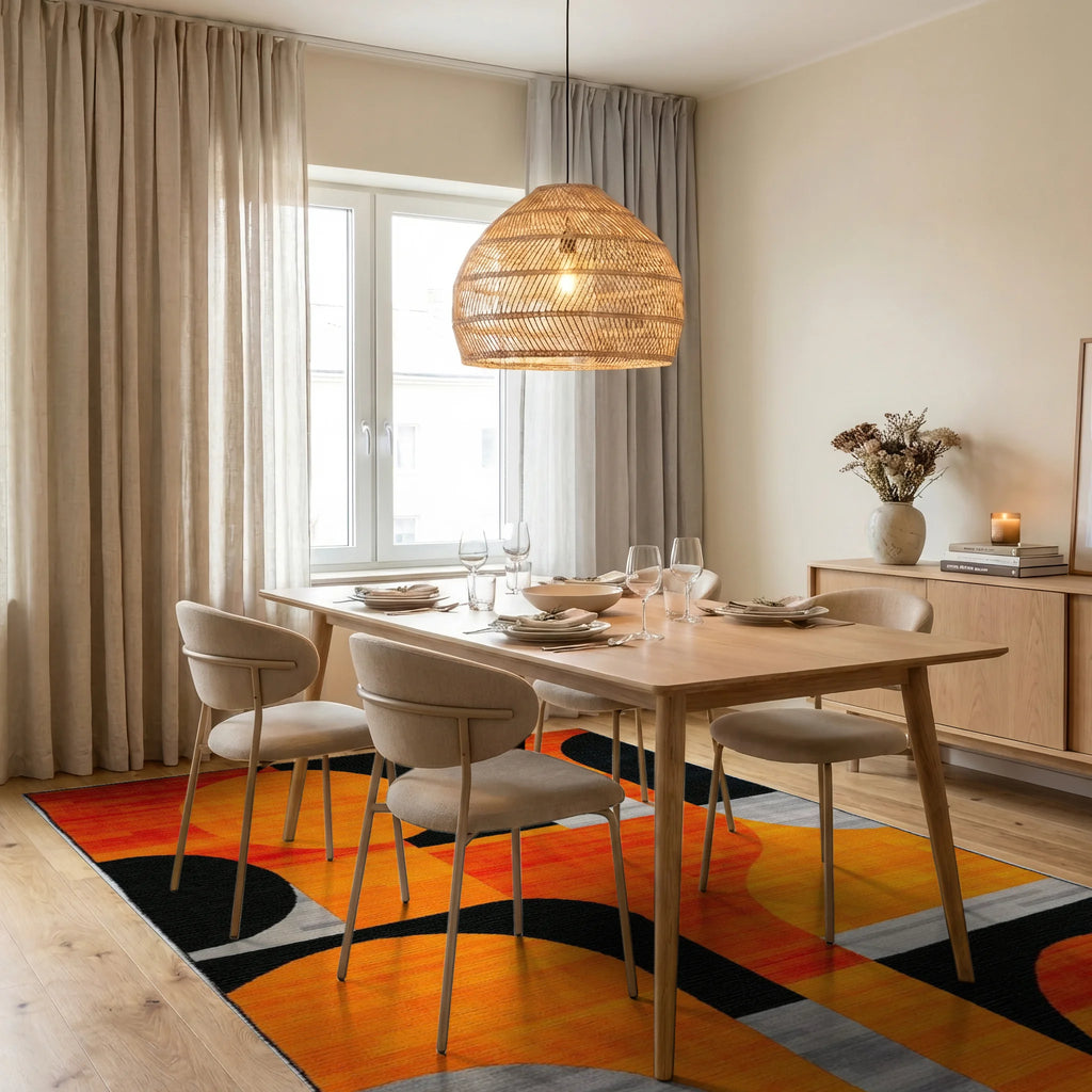 Modern Orange Black Geometric Abstract Rug - Dining Room View