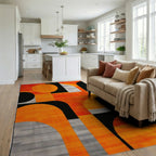 Modern Orange Black Geometric Abstract Rug - Living Room View